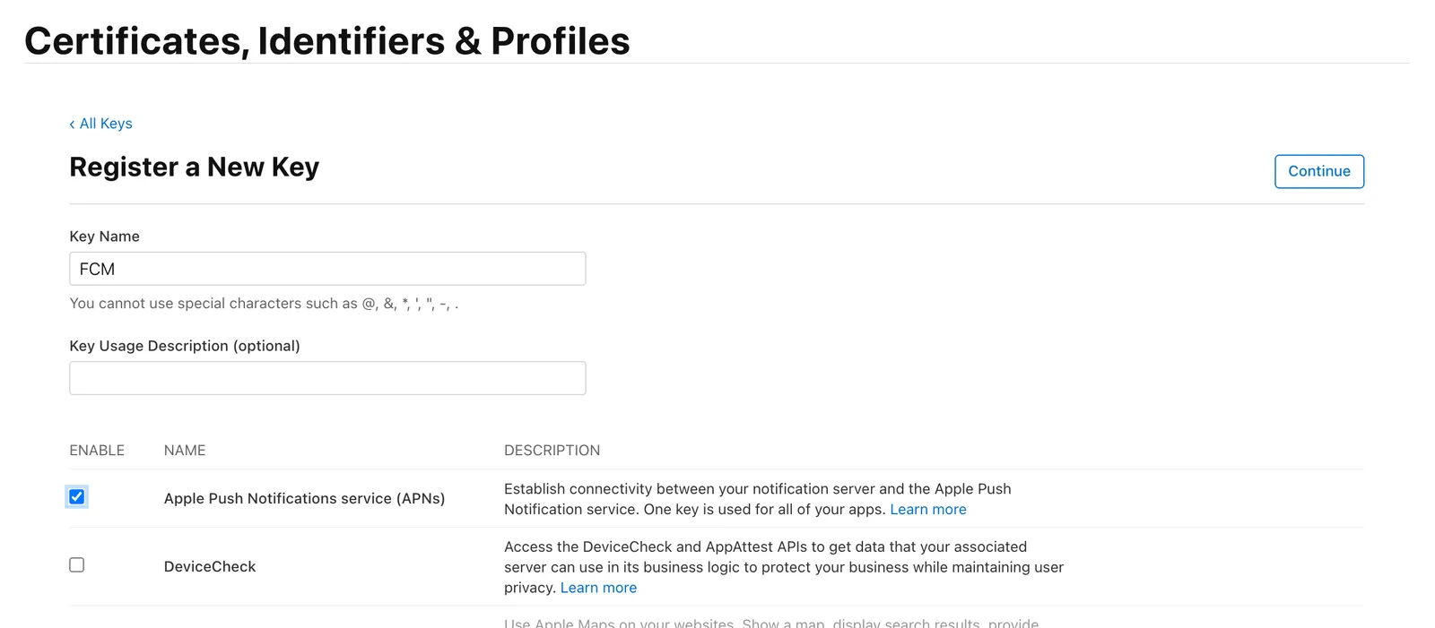 Certificates, Identifiers & Profilesでキーを発行