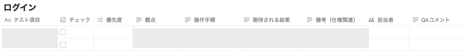 アウトプットイメージ。テスト項目、チェック、優先度、観点、操作手順、期待される結果、備考、担当者、QAコメントが出力されている。