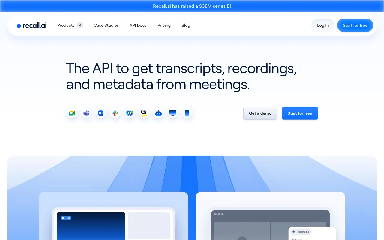 Recall.aiの公式サイト。会議からトランスクリプト・録画・メタデータを取得するAPIを掲げる