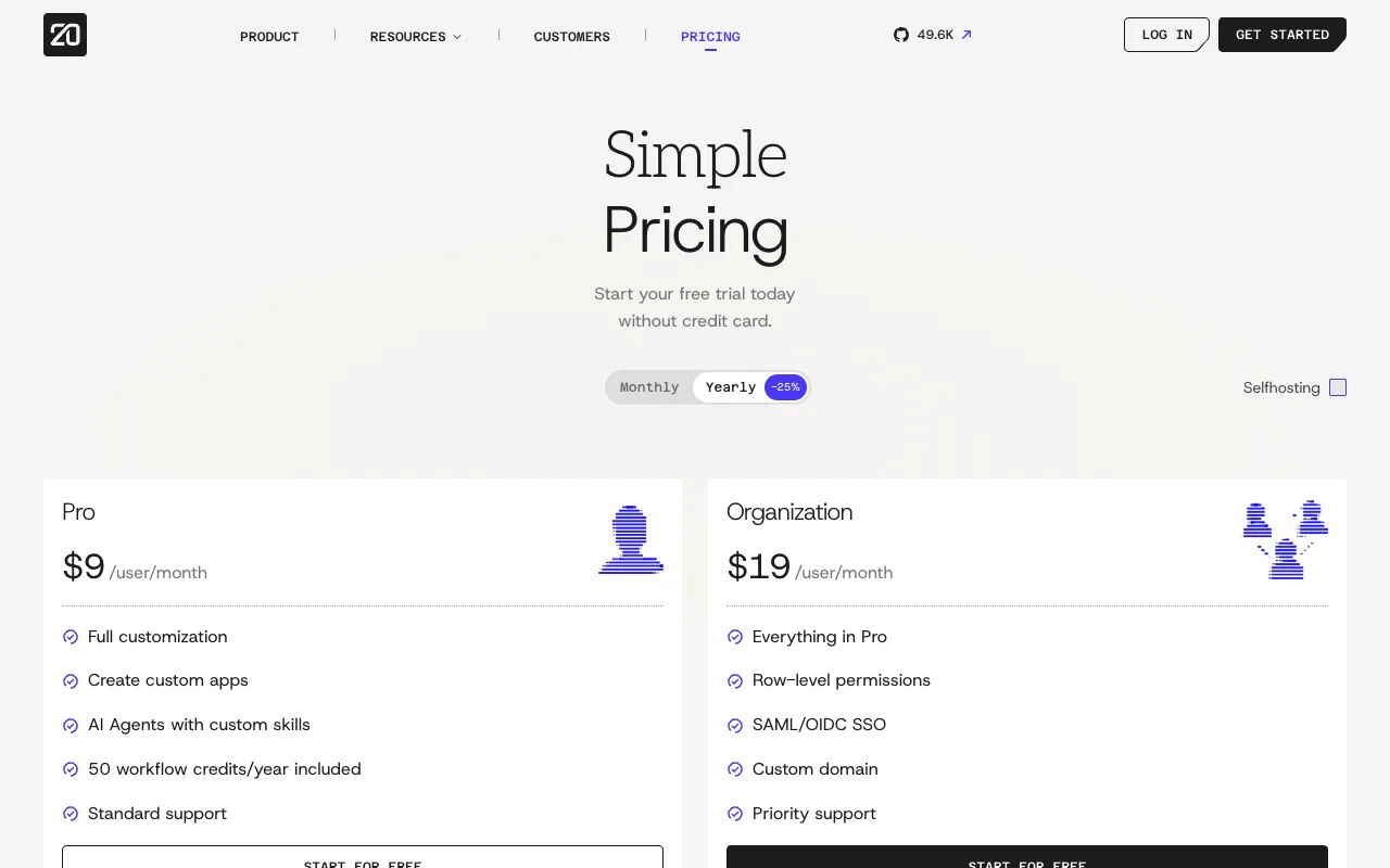 Twentyの料金ページ。Pro $9とOrganization $19の2プラン